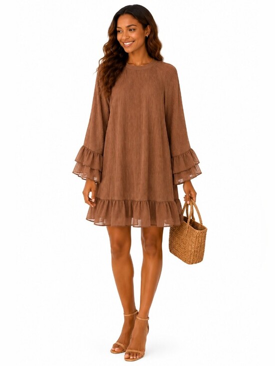 Time and Tru Dresses & Skirts - TIME AND TRU Women’s Brown Bell Sleeves Ruffle Hem Dress SIZE Medium NWT